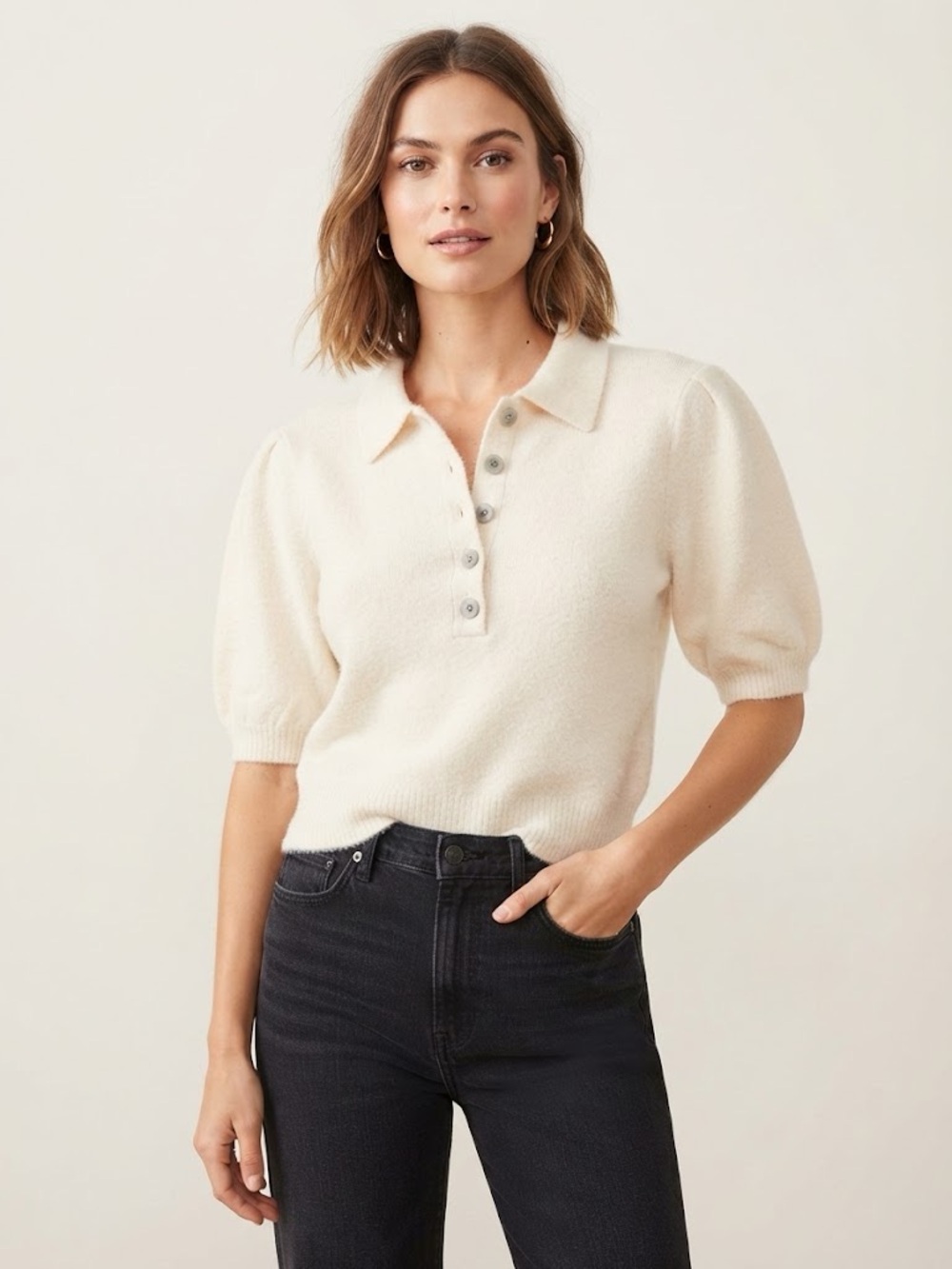 a new day Cream Button-Up short sleeve soft Sweater with puff sleeves